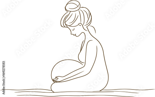 Continuous line drawing depicts a happy pregnant woman in a silhouette picture of a mother with a modern simplicity design