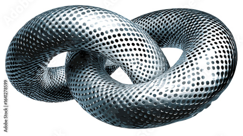 An artistic computer rendering of two intertwined torus shapes with perforations that create a dynamic and visually interesting surface.