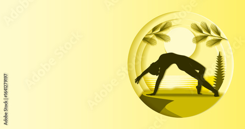 Horizontal template. Chamatkarasana yoga pose. Wild Thing yoga pose. Paper cut design. Isolated vector illustration.