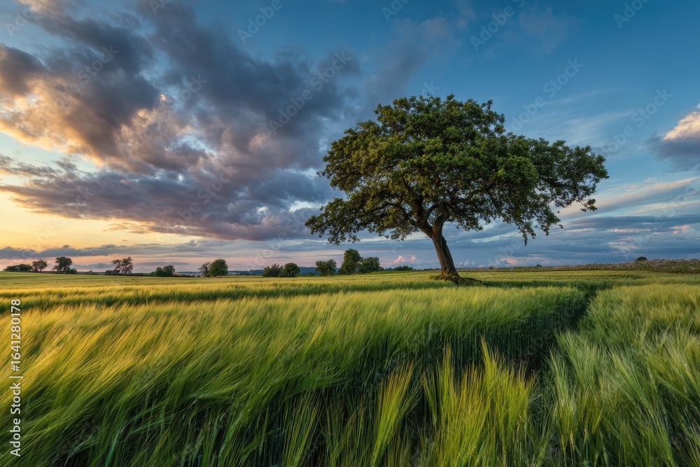 Fototapeta premium Sunset over a wheat field, solitary tree