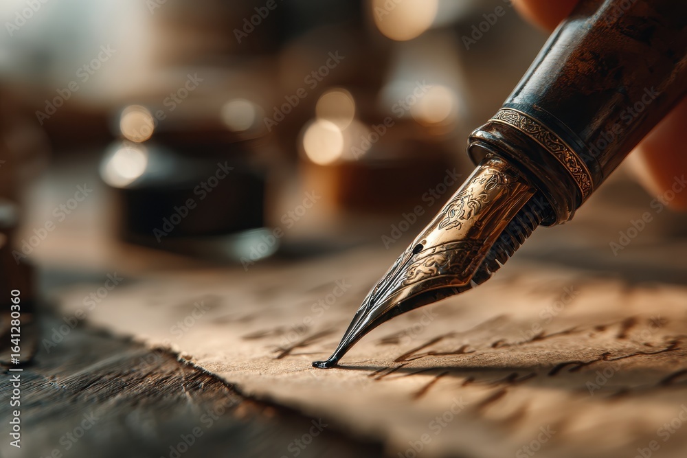 Naklejka premium Elegant vintage fountain pen writing on textured parchment paper with inkwell.