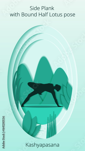 Vertical template. Kashyapasana yoga pose. Side Plank with Bound Half Lotus yoga pose. Paper cut design. Isolated vector illustration