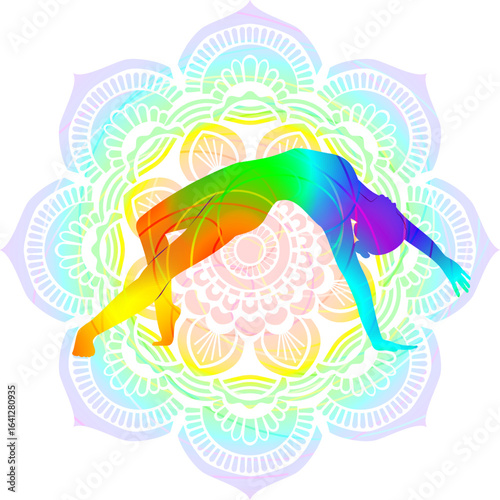 Colorful silhouette of woman practicing Chamatkarasana yoga pose. Wild Thing yoga pose. Isolated vector illustration