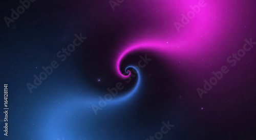 Abstract spiraling neon light on starry space background with dark theme