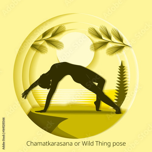 Chamatkarasana yoga pose. Wild Thing yoga pose. Paper cut design. Isolated vector illustration.