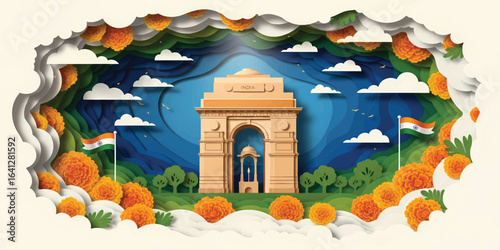 A stylized paper-cut illustration of India Gate, surrounded by marigold flowers, Indian flags, and clouds.