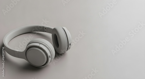 A pair of modern gray over ear headphones resting on a neutral background