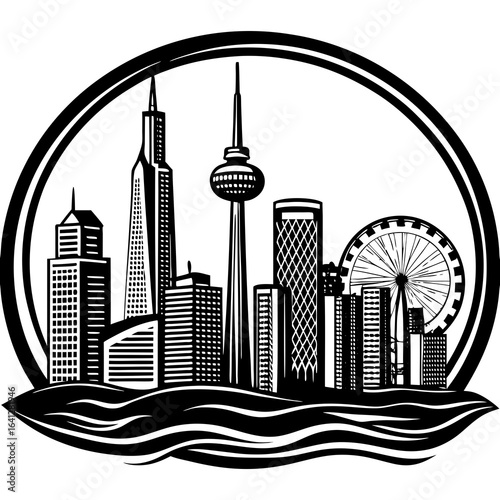 Black and white skyline cityscape vector illustration of a modern city with skyscrapers and ferris wheel created with generative ai