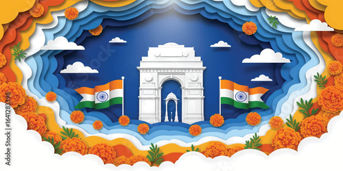 India Gate monument with two national flags in a colorful, layered papercraft style with marigold flowers.
