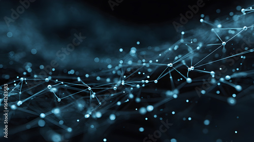 Abstract network of connected spheres and lines against a dark blue gradient background scene design
