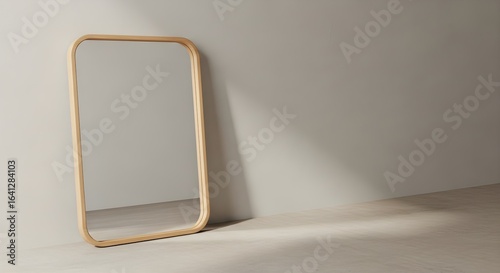 Rectangular mirror with a rounded wooden frame leans against a neutral wall