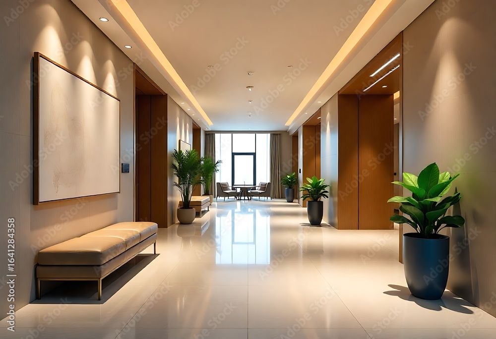 Fototapeta premium Generative AI: Elegant interior corridor with natural light and potted plants, modern design