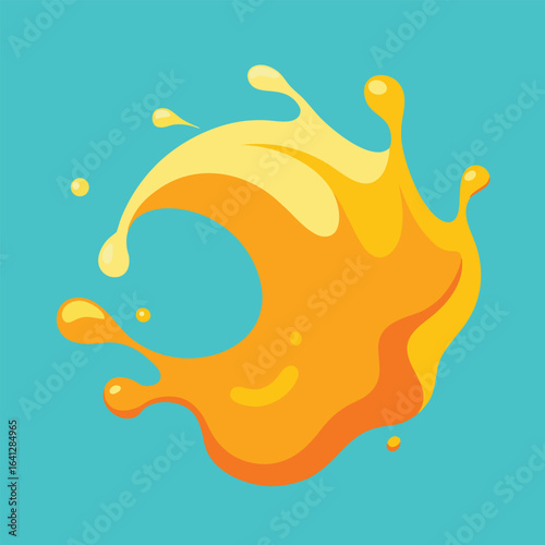 Vector art of vibrant orange liquid splash with dynamic motion and droplets on blue background
