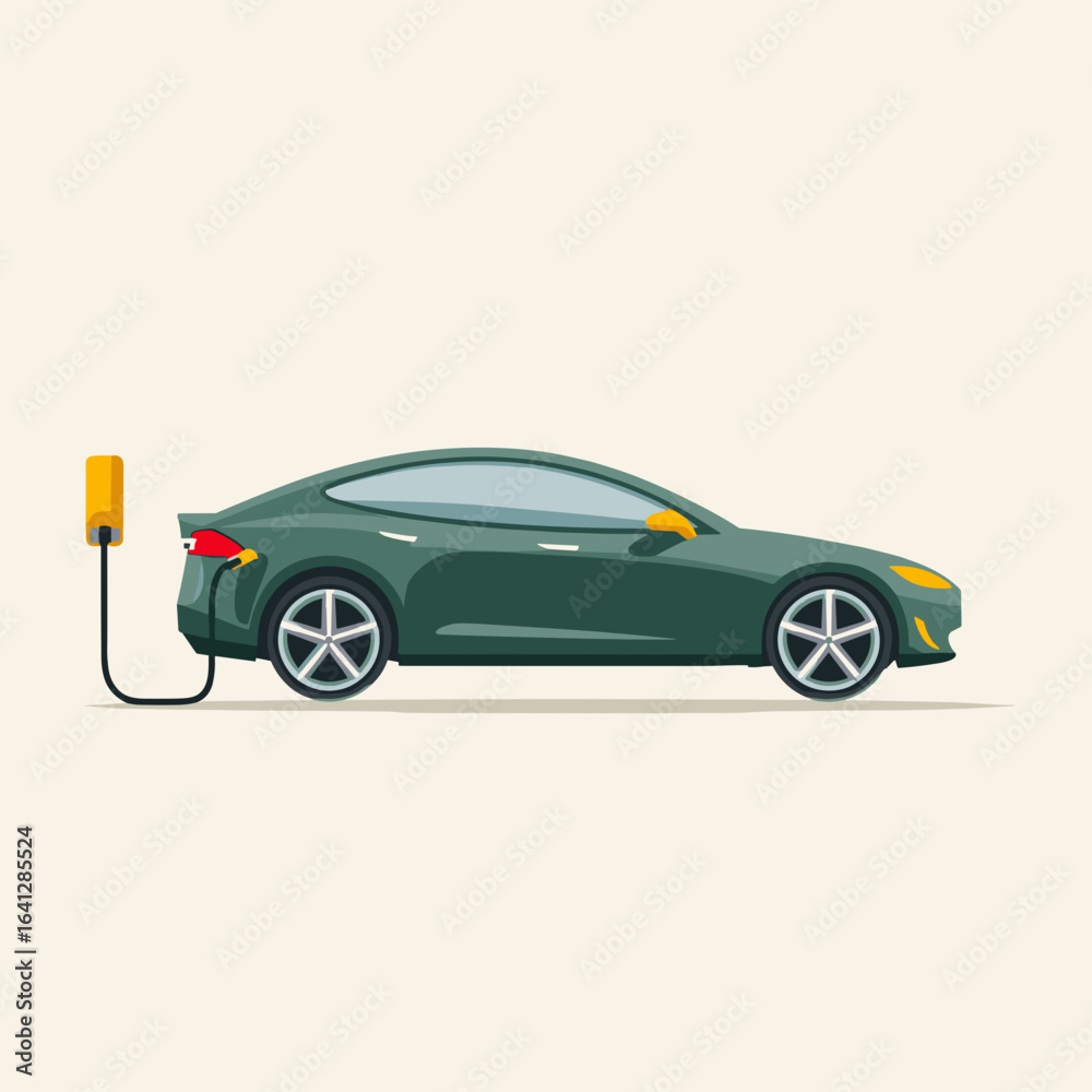 Fototapeta premium Elektroauto Symbol Laden E Auto Vektor Illustration Elektromobilität Nachhaltigkeit Umweltfreundlich Erneuerbare Energie Ladestation E Mobilität Technologie Zukunft Verkehr Auto Mit Stecker Minimalist