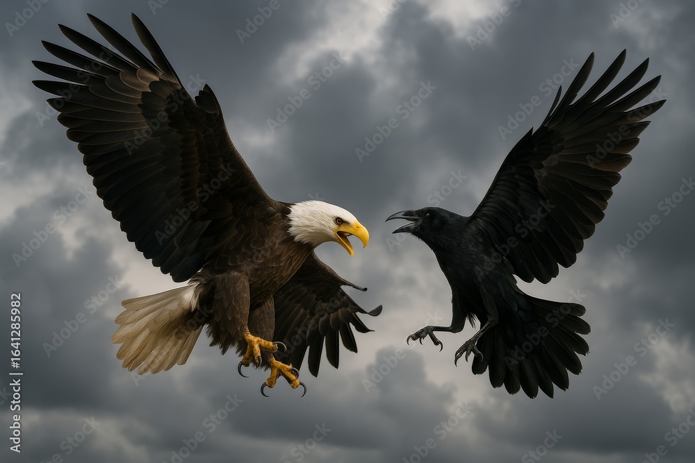Obraz premium Bald eagle and raven midair confrontation
