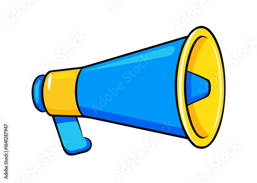 A vibrant blue megaphone is highlighted on an isolated background, its design features a cheerful, cartoon-like aesthetic