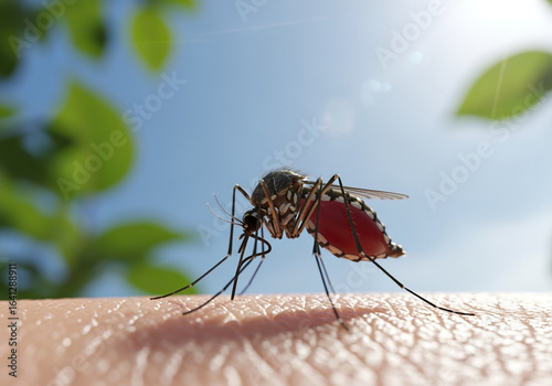 Mosquito sucks blood from human skin under the blue sky