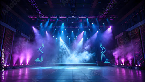 Empty concert stage with vibrant blue and purple spotlights and atmospheric smoke, ready for a performance or event.