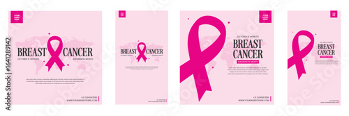 Breast Cancer Awareness Month Social Media Posts & Stories Set with a beautiful design featuring a pink ribbon