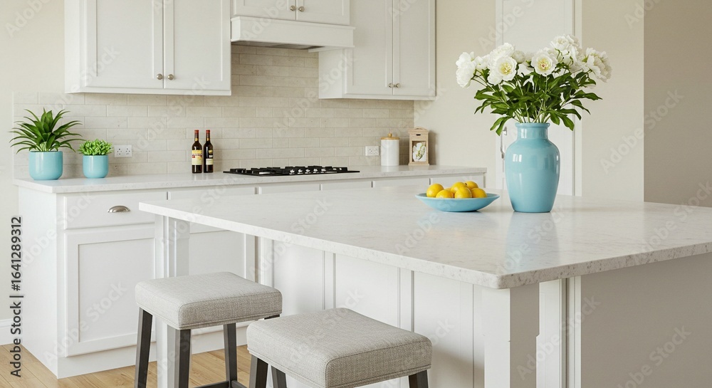 Fototapeta premium Bright, clean kitchen with white cabinetry, quartz countertops, and stylish decor creating a modern and inviting culinary space.