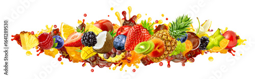 Mix of assorted tropical and fresh fruits splashing in juice: citrus, pineapple, mango, berries. Commercial banner for beverages, smoothies, cocktails, juice ads, healthy eating, summer refreshment