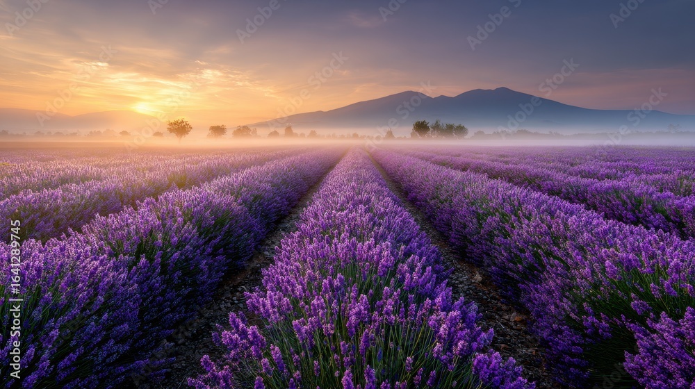 Obraz premium Lavender field sunrise. Mountain range backdrop. Scenery use for peaceful thoughts