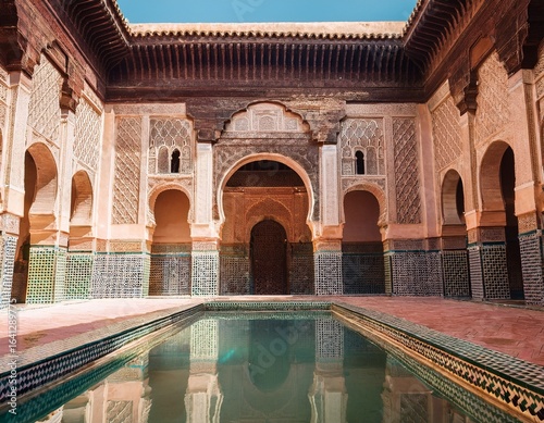 ben youssef madrasa courtyard with intricate tile mosaics and water pool in marrakech morocco traditional islamic architecture design in an historic and famous destination cultural landmark