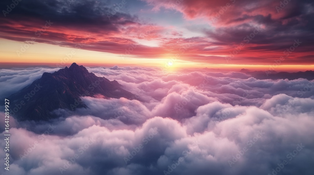 Fototapeta premium Majestic sunrise at the summit of Mount Tai, vast sea of clouds rolling like endless white waves beneath, a radiant red sun slowly rising from the horizon 