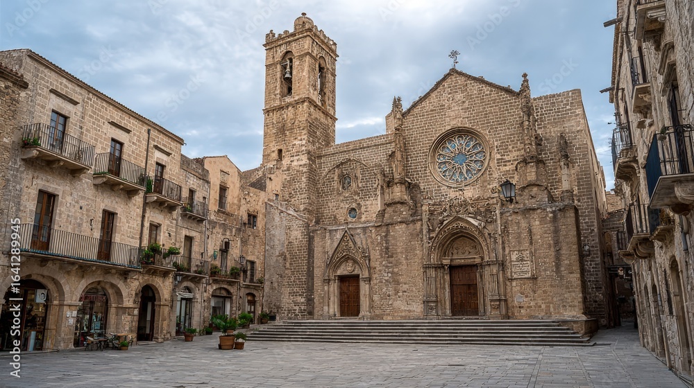 Obraz premium Scenic View of Erice Cathedral and Architecture in Trapani, Sicily, Italy under Cloudy Sky