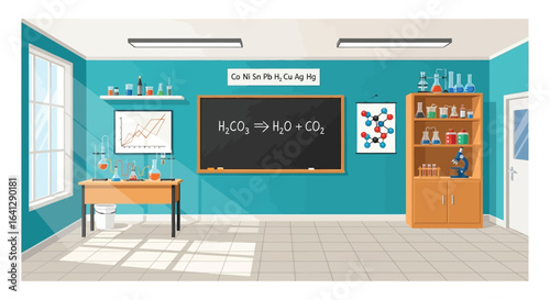 Science classroom illustration with blackboard and equipment