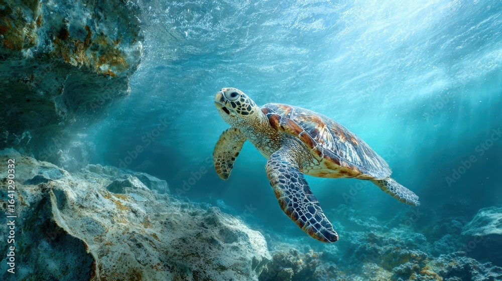 Fototapeta premium A majestic sea turtle gracefully swims in the clear blue ocean, surrounded by rocky underwater formations and rays of sunlight filtering through the water from the surface above