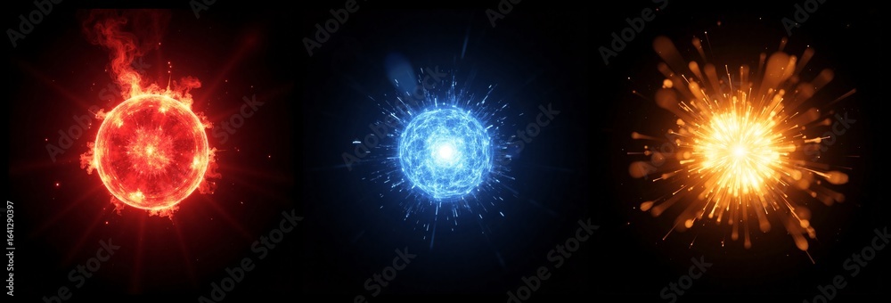 Naklejka premium Collection of glowing light balls with explosive effects, vibrant colors against dark background.