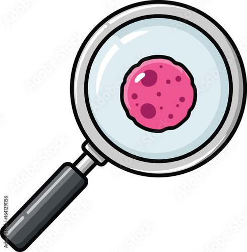 Magnifying glass examining pink cell with spots