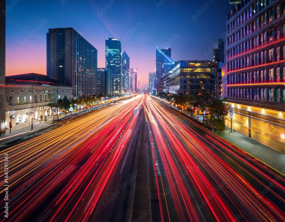 Obraz premium a city street stretches into the distance flanked by buildings and illuminated by long streaks of red and yellow light trails from moving vehicles
