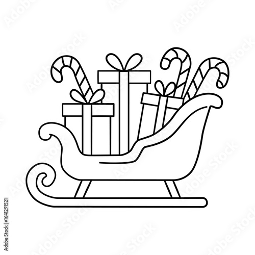 Minimalist Line Art Christmas Sleigh with Gifts and Candy Canes