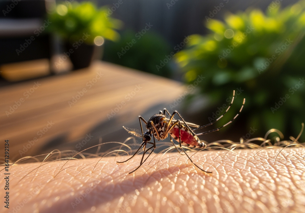 Naklejka premium Mosquito sucks blood from human skin on a wooden deck