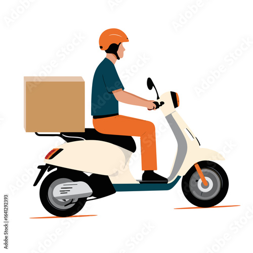 Delivery concept with person riding scooter carrying package, isolated on white. Delivery service with courier on moped, delivering parcel to client at home, person riding scooter quickly.