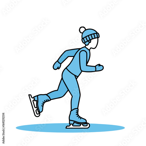 Minimalist ice skater in blue and white on simple background for winter sports designs. Ice skater figure is shown wearing a hat, the line art is a clean design on white.