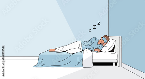 Minimalist illustration of sleeping man in light blue room on white bed, peaceful slumber. Minimalist illustration features man resting comfortably in bedroom, enjoying sleep with eye mask in place.
