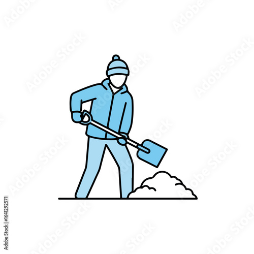 Shoveling snow on clear winter day, person in light blue outline removes pile of snow. Shoveling snow can be hard work, but it's necessary for safe walkways and driveways.