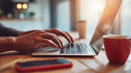 Papier peint photo  Man Typing on Laptop with Coffee and Phone, Focused Hands on Keyboard, Remote Work  © Generative AI