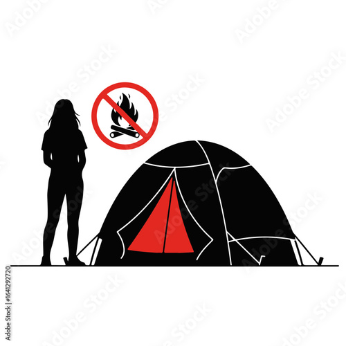 Woman and tent with no campfire in red and black silhouette, symbolizing outdoor adventure. Graphic silhouette tent shows a lone woman, emphasizing solitude and self-sufficiency.