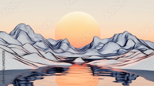 Sunset Mountainscape: Wireframe Art
