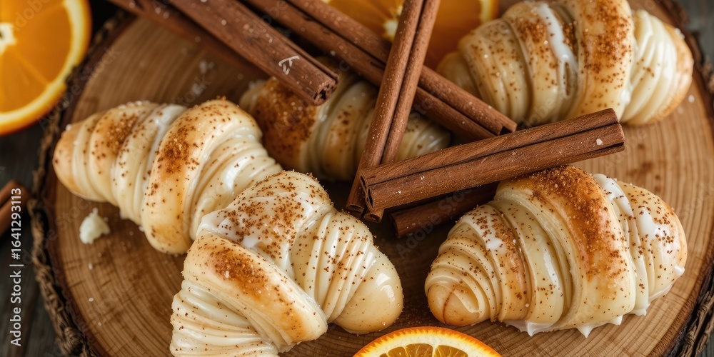 Fototapeta premium Artisan Vanilla Crescents Decorated with Cinnamon and Orange Slices