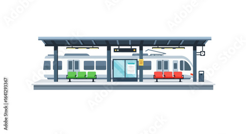 A train is stopped at a station platform with benches and a covered waiting area.