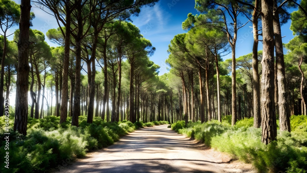 Fototapeta premium Scenic Pathway Through Dense Pine Forest Under Clear Sky