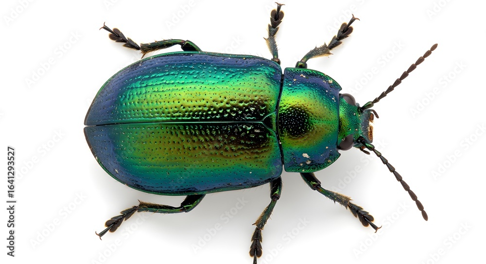 Fototapeta premium Iridescent Metallic Green and Blue Leaf Beetle Isolated on White Background, Top View