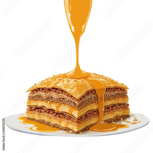 flat style illustration of Turkish baklava pastry with layers of filo dough, nuts, and honey syrup,