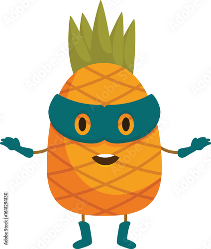 Cartoon pineapple superhero wearing a mask and gloves, promoting healthy eating habits and inspiring children to enjoy fruits