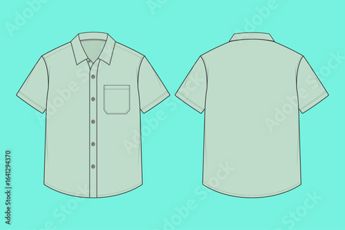 Men's Short Sleeve Button Down Shirt Outline Flat Sketch Fashion Vector Illustrator Template CAD.